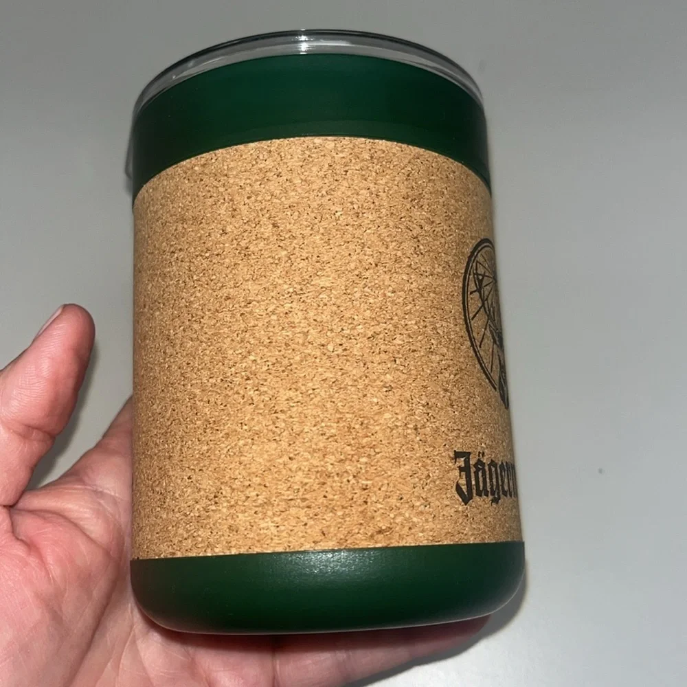 Jagermeister cork, plastic cup cooler with lid small green in color